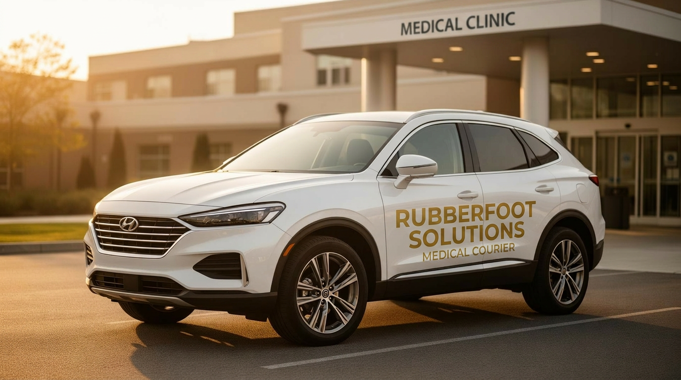 White SUV used for professional medical courier deliveries parked at a clinic